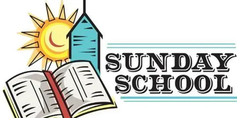 Sunday School graphic with open book, sun, and church.
