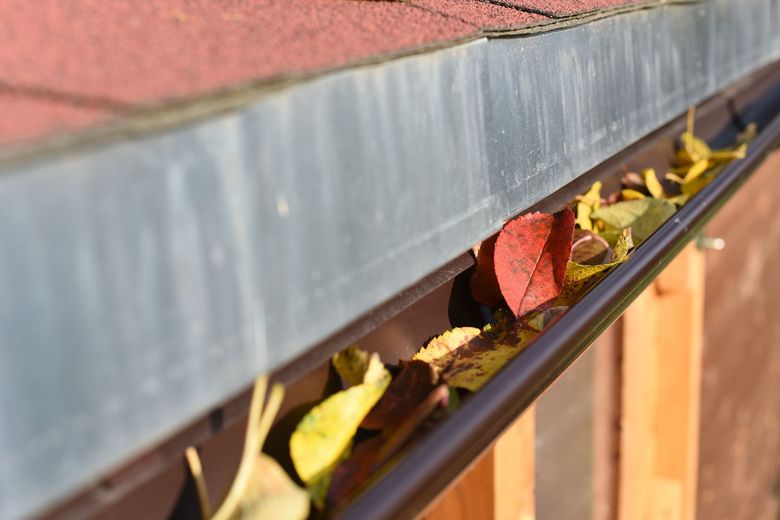 Brown gutter filled with fallen leaves, next to a red roof.