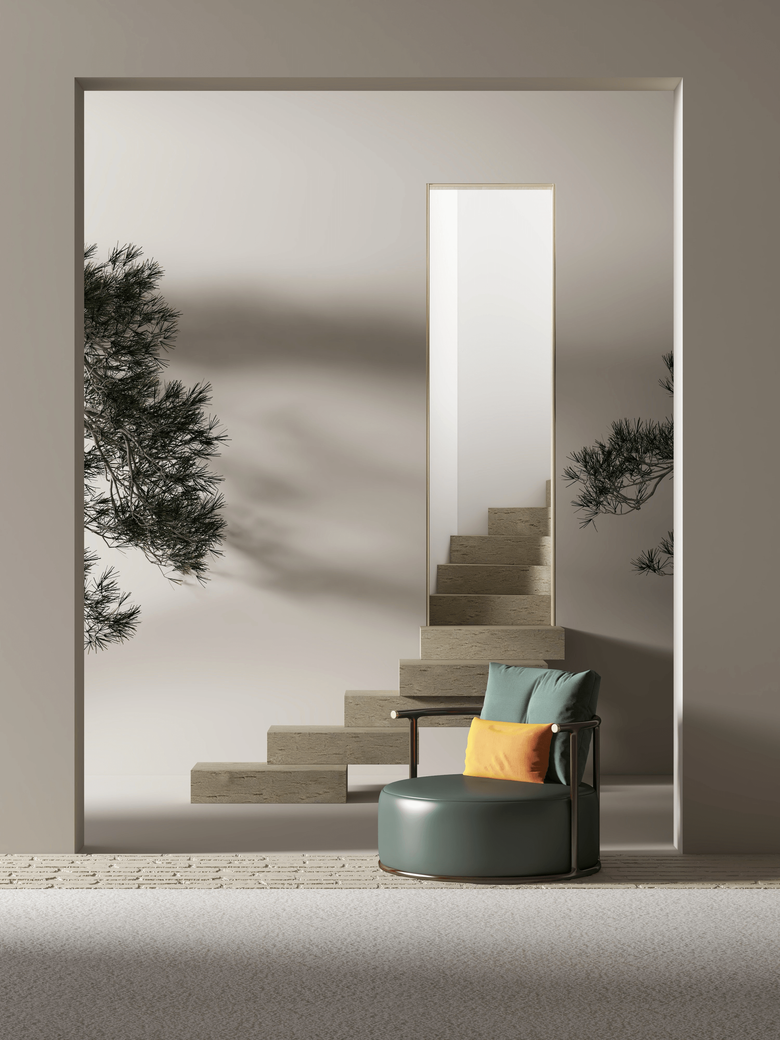 A chair is sitting in a room with stairs in the background.
