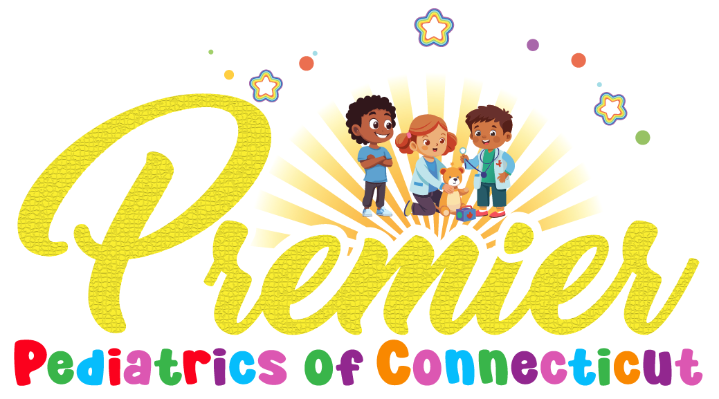 Logo: "Premier Pediatrics of Connecticut" with cartoon children, stars, and sunburst.