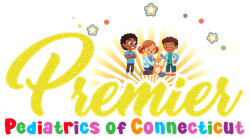 Logo: "Premier Pediatrics of Connecticut" with cartoon children, stars, and sunburst.