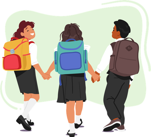 Three children holding hands, wearing school uniforms and backpacks, walking.