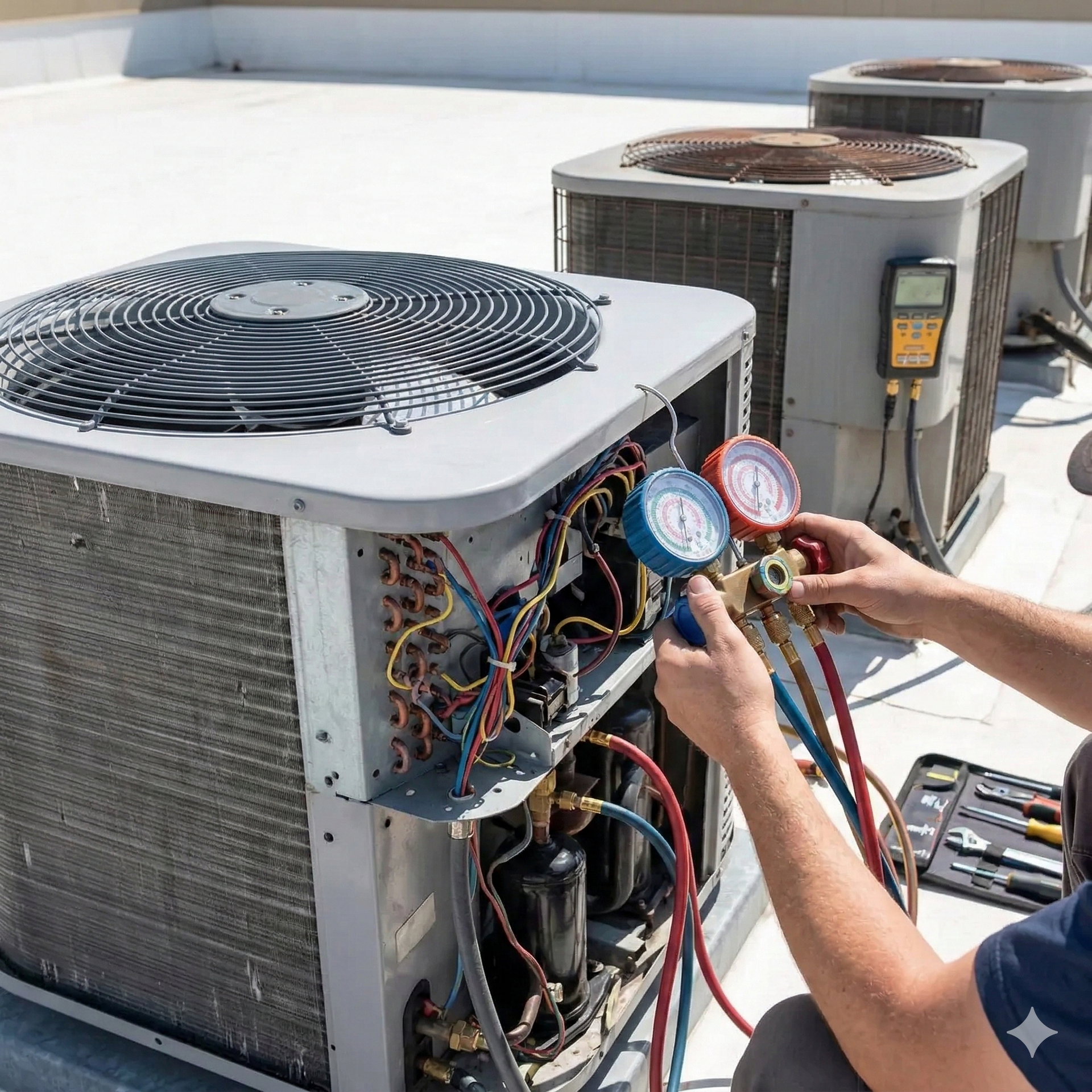 HVAC technician on a rooftop, connecting gauges to an air conditioning unit.