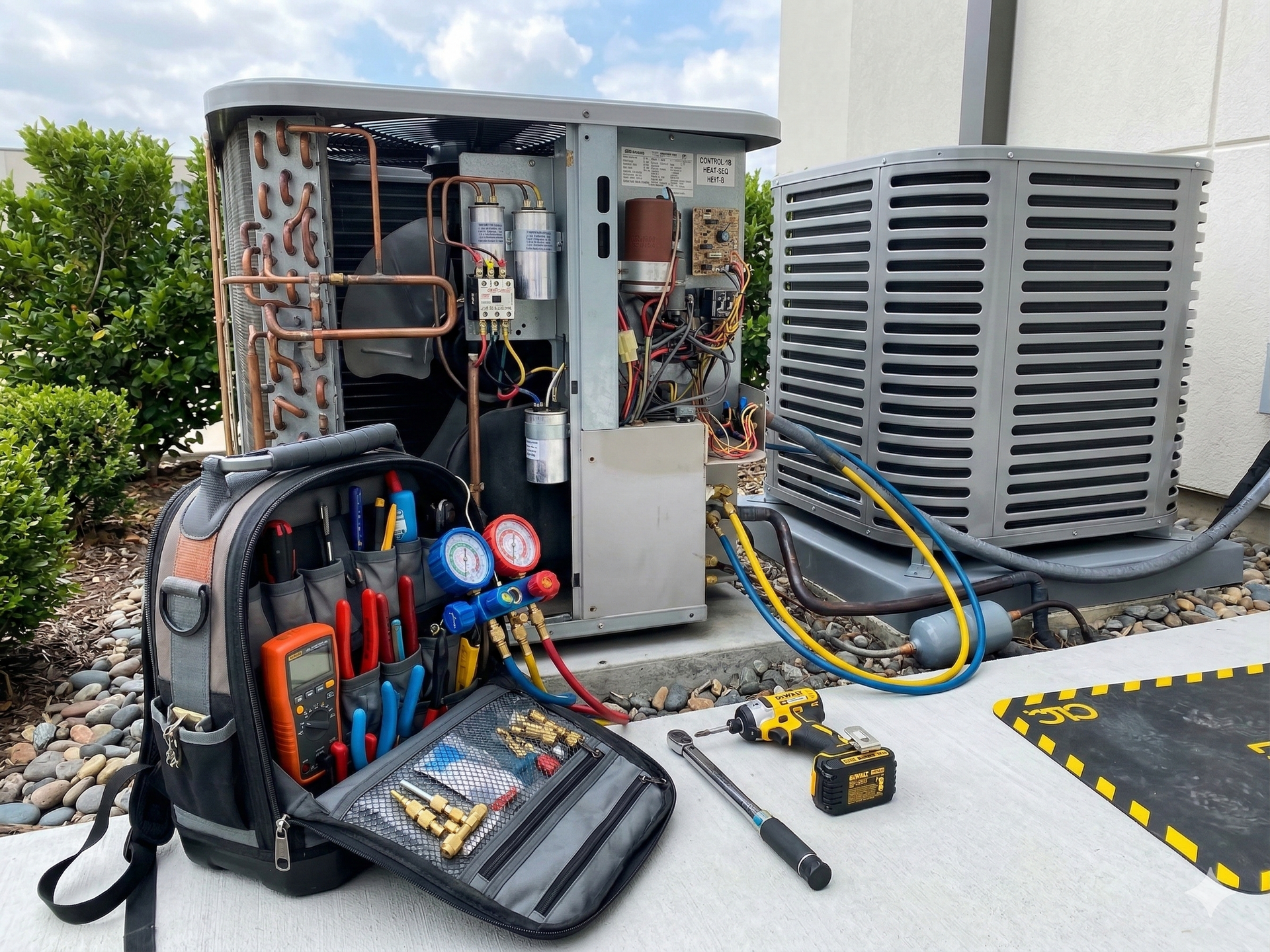 HVAC technician's tools next to an air conditioning unit; equipment is exposed and under repair outdoors.