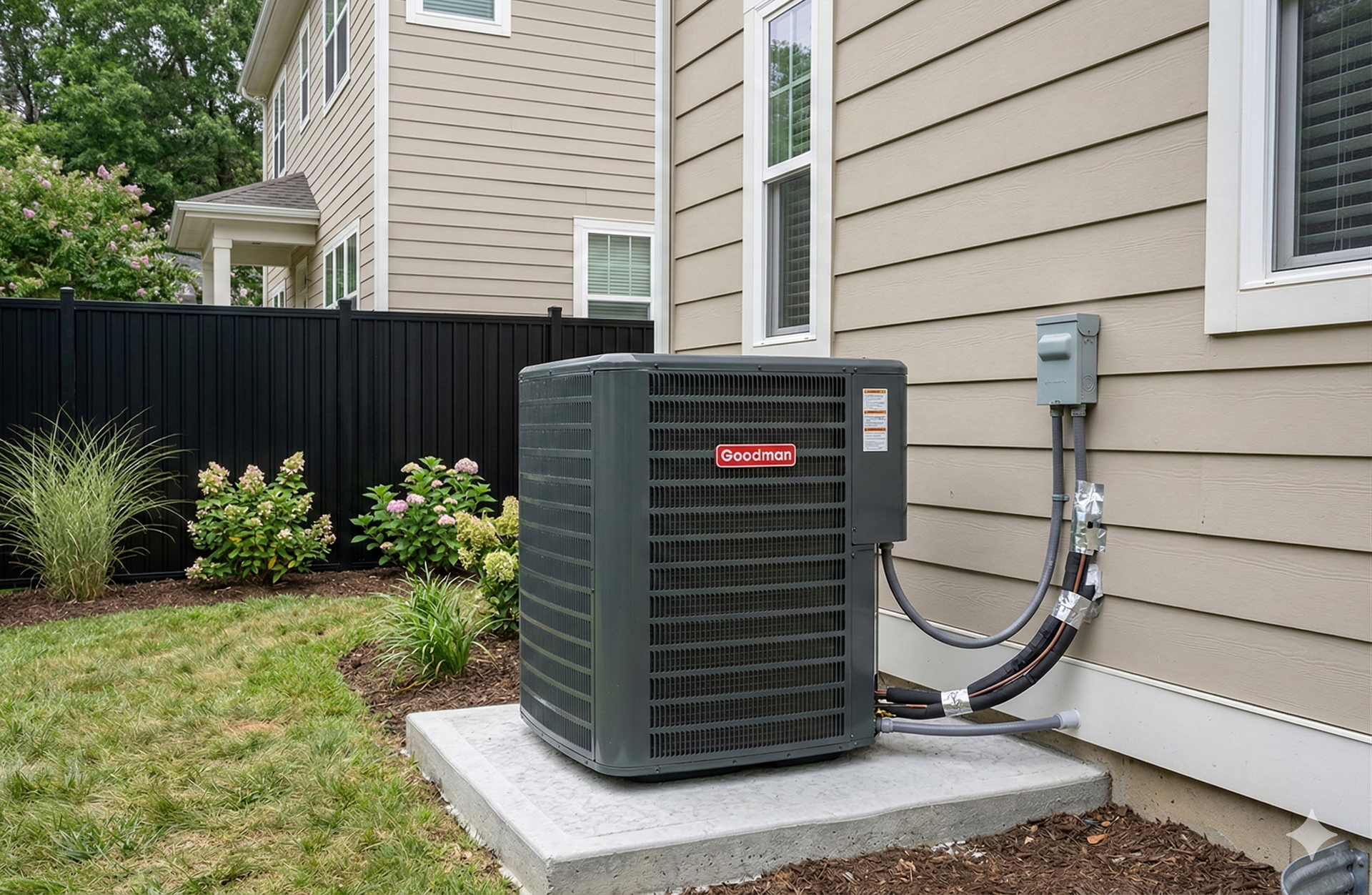 An air conditioning unit on a concrete pad next to a beige house, with a black fence and landscaping.