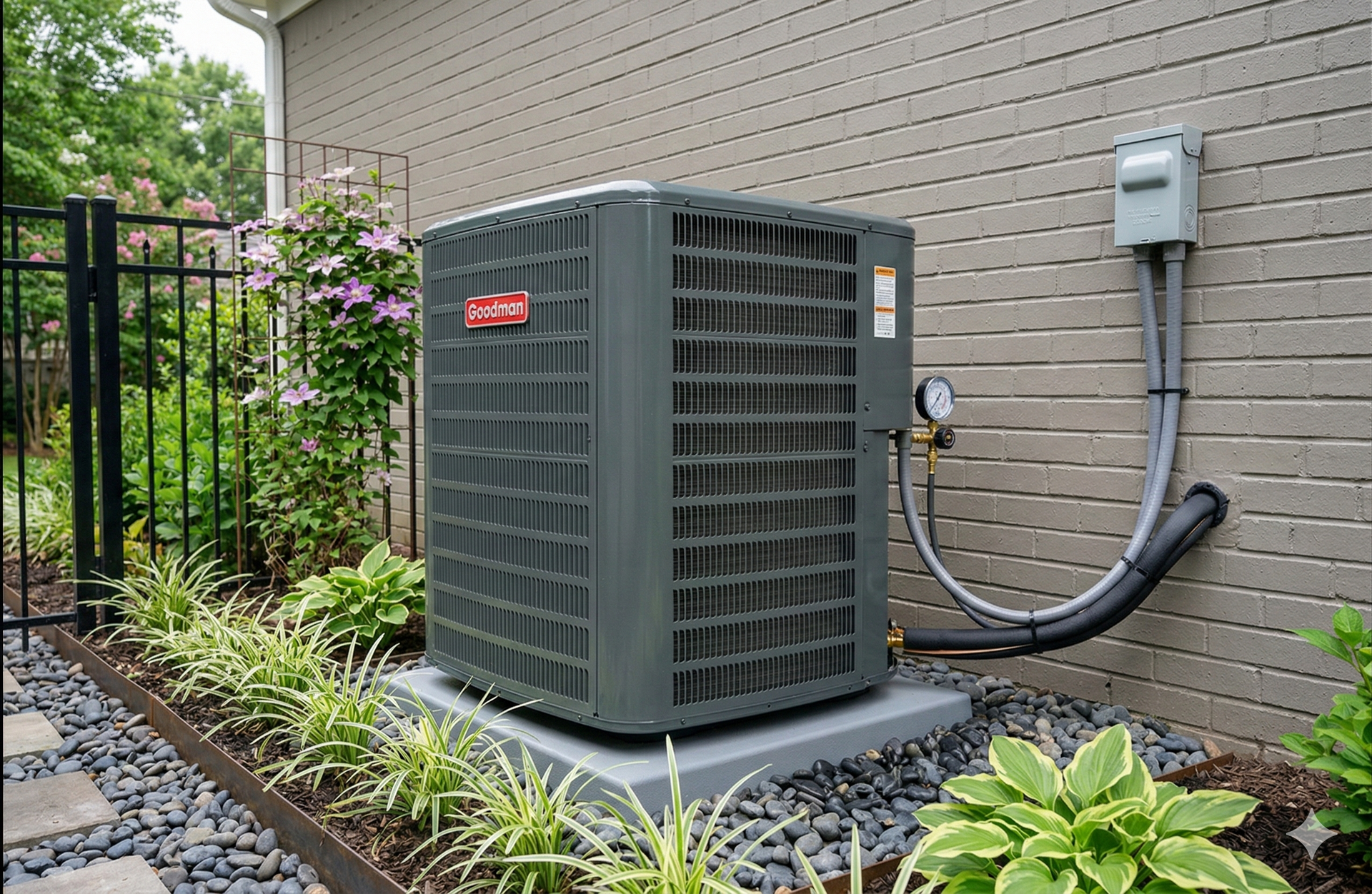 Outdoor air conditioning unit next to a light-colored wall with surrounding landscaping, dark fence.