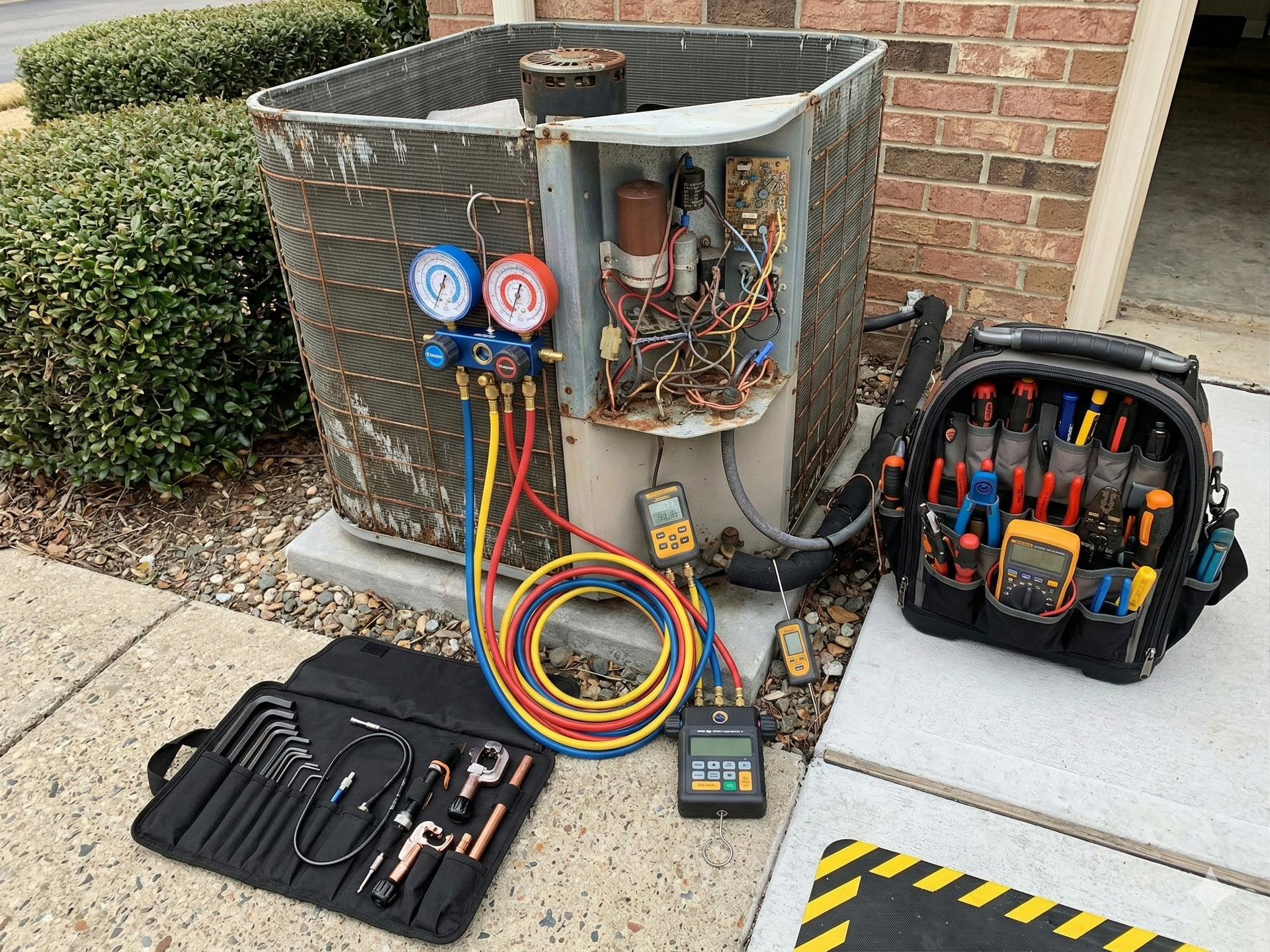 HVAC unit with gauges, tools, and a toolbox on a paved surface outside a brick building.