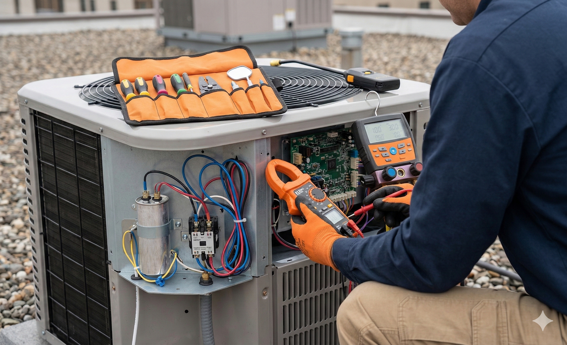 HVAC technician using a clamp meter on an air conditioning unit on a rooftop.
