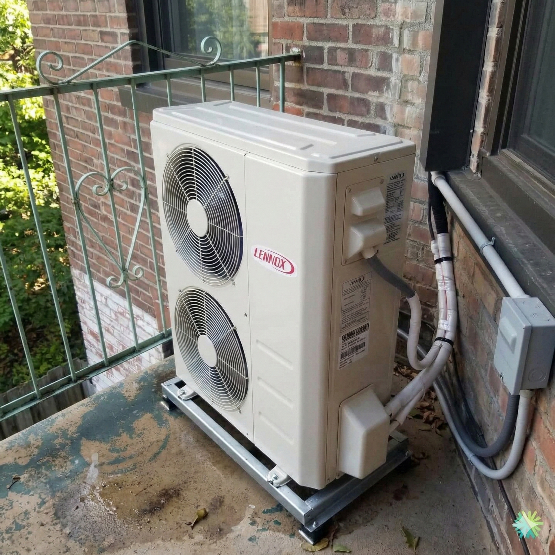 Lennox air conditioner unit on a metal stand, installed on a concrete balcony next to a brick building.