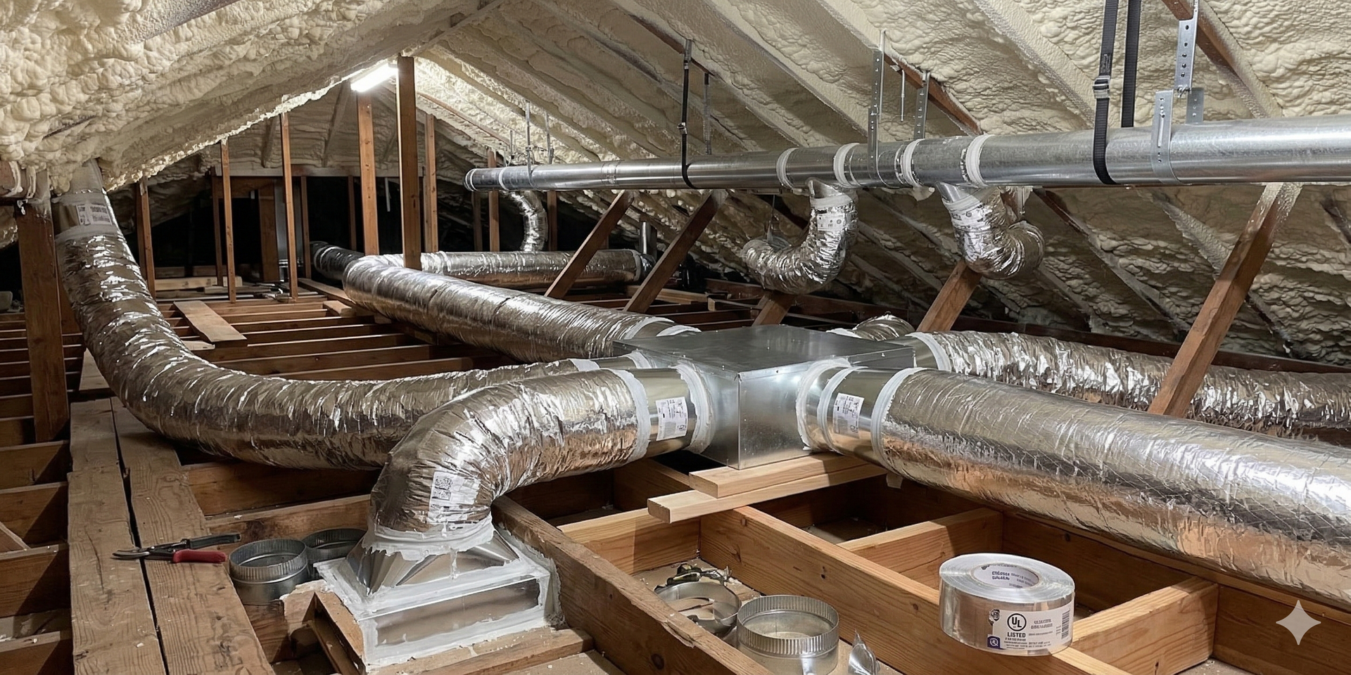 HVAC ductwork in an attic, with metal and flexible ducts, insulated and connected to vents. Wooden structure.