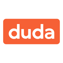 An orange and white logo for duda on a white background