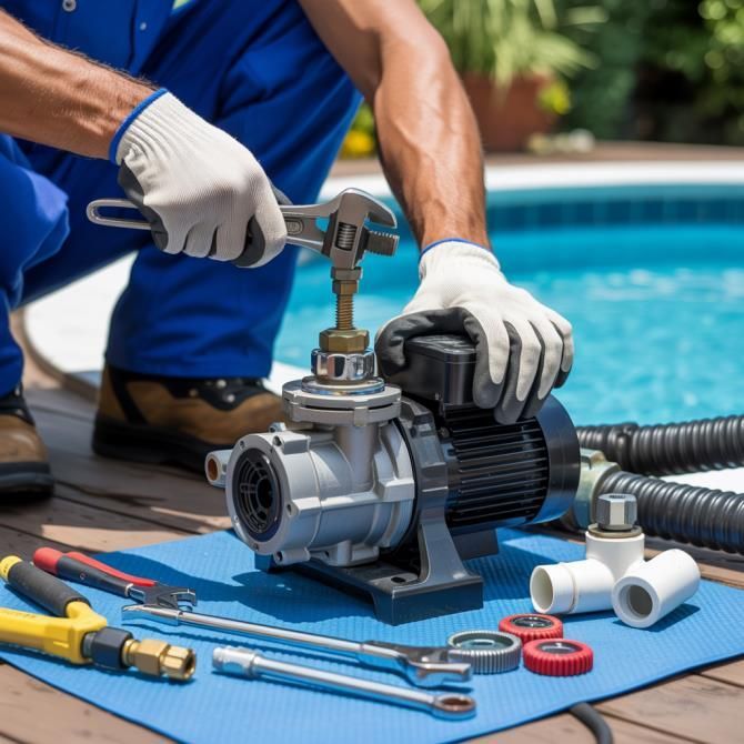 A person in blue overalls repairs a pool pump with tools, near a swimming pool.