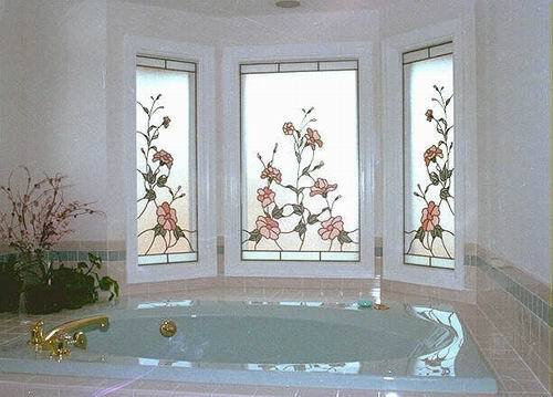 Pink Flowers Design on Three Windows — Jamisontown, NSW — Stained Glass Overlay Penrith