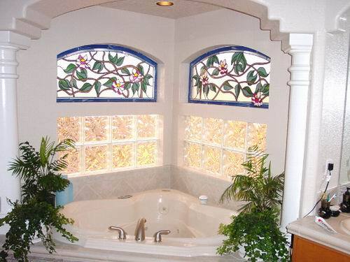 Two Stained Glass on Bathtub Wall — Jamisontown, NSW — Stained Glass Overlay Penrith