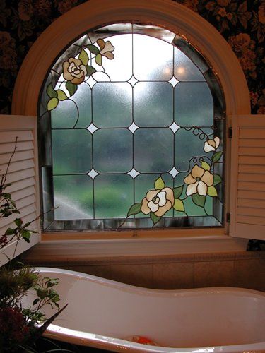 Flowers Stained Glass Window Beside Bathtub — Jamisontown, NSW — Stained Glass Overlay Penrith