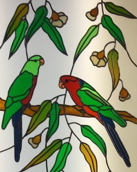 Two Parrots and Flowers — Jamisontown, NSW — Stained Glass Overlay Penrith
