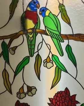 Two Parrots and Flowers Lower Look — Jamisontown, NSW — Stained Glass Overlay Penrith