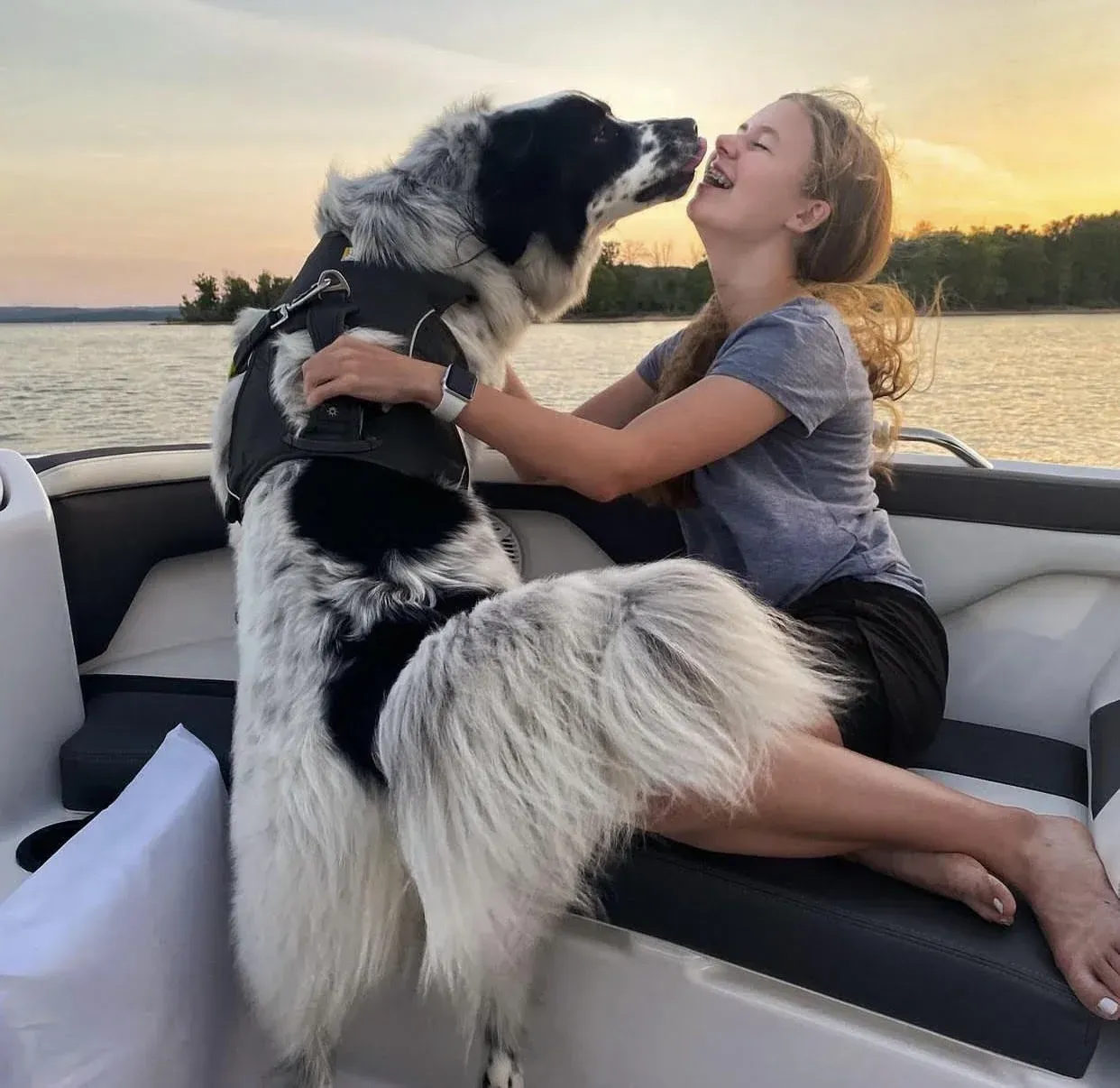 Dog licking a woman's face on a boat during sunset. Woman smiles, hugging the dog. Water and trees in background.