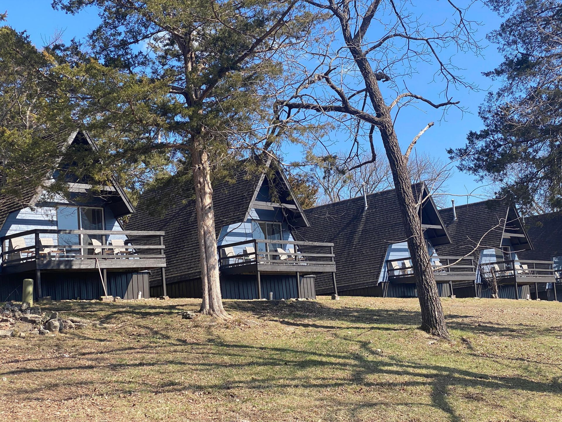 Row of A-frame cabins, blue with brown roofs and decks, set amidst bare trees and dry grass.