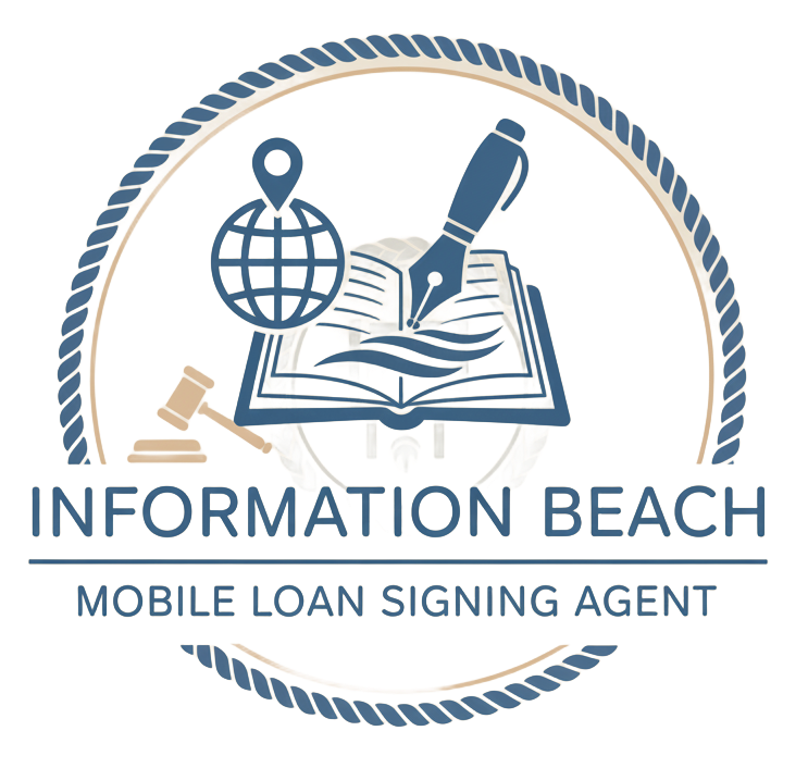 Logo: globe, book with pen, gavel. Text: Information Beach, Mobile Loan Signing Agent.