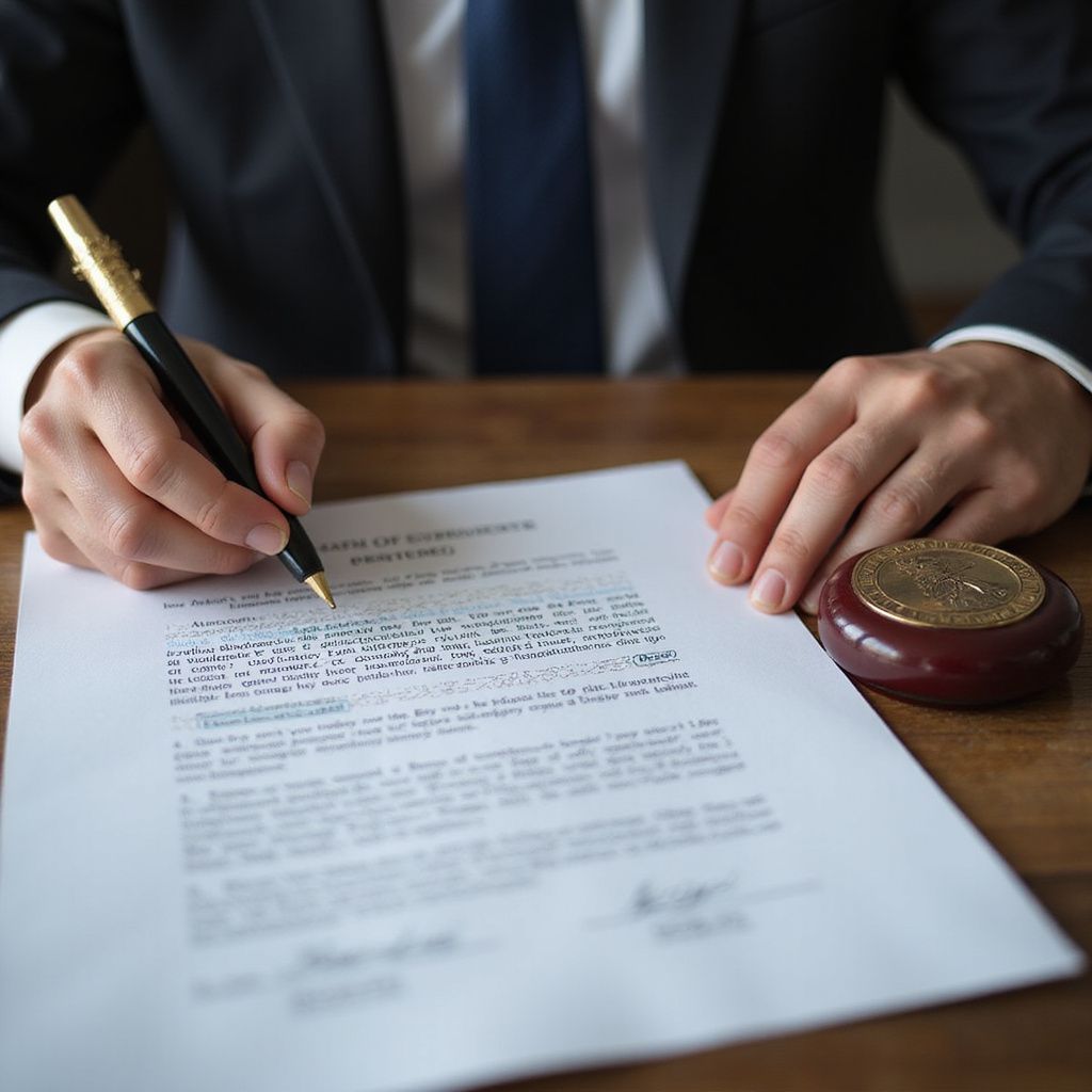Person in suit signing a legal document with pen, next to a seal.