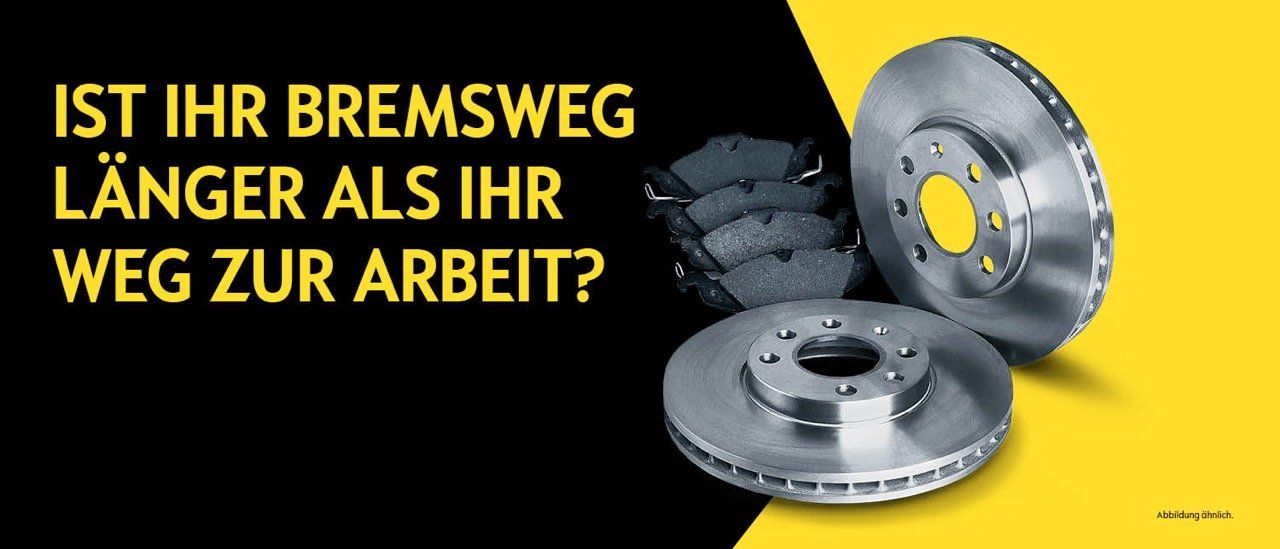Eine schwarz-gelbe Werbung für Bremsbeläge und Bremsscheiben