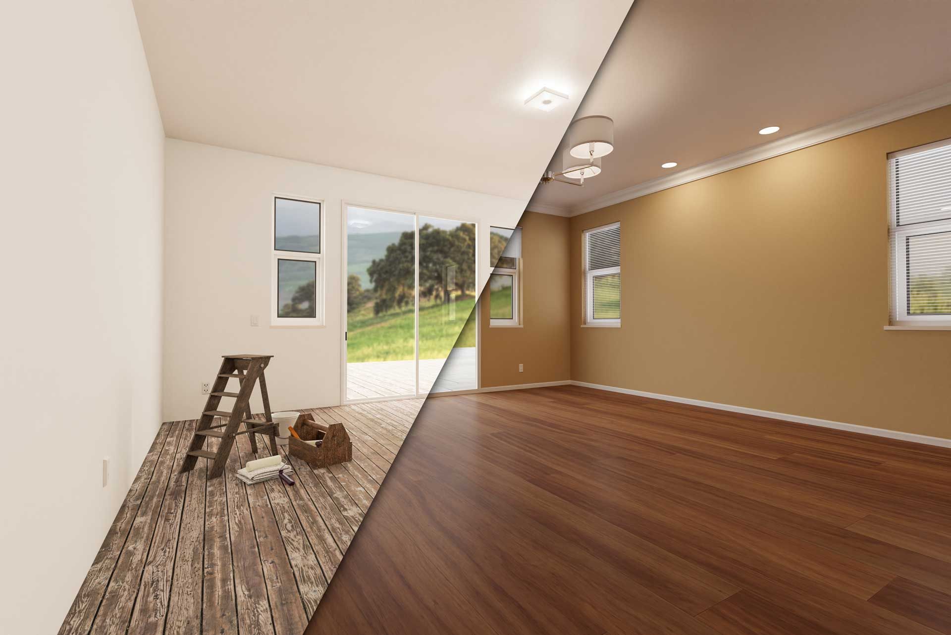 A before and after photo of a room with hardwood floors.