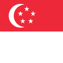 Flag of Singapore: Red upper half with white crescent and five stars; white bottom half.