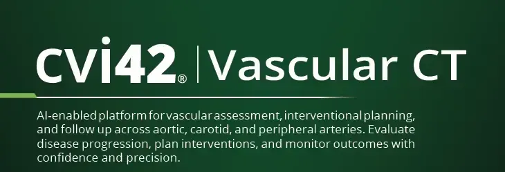 Cvi42. Vascular CT logo on a green background. AI platform for vascular assessment and intervention planning.