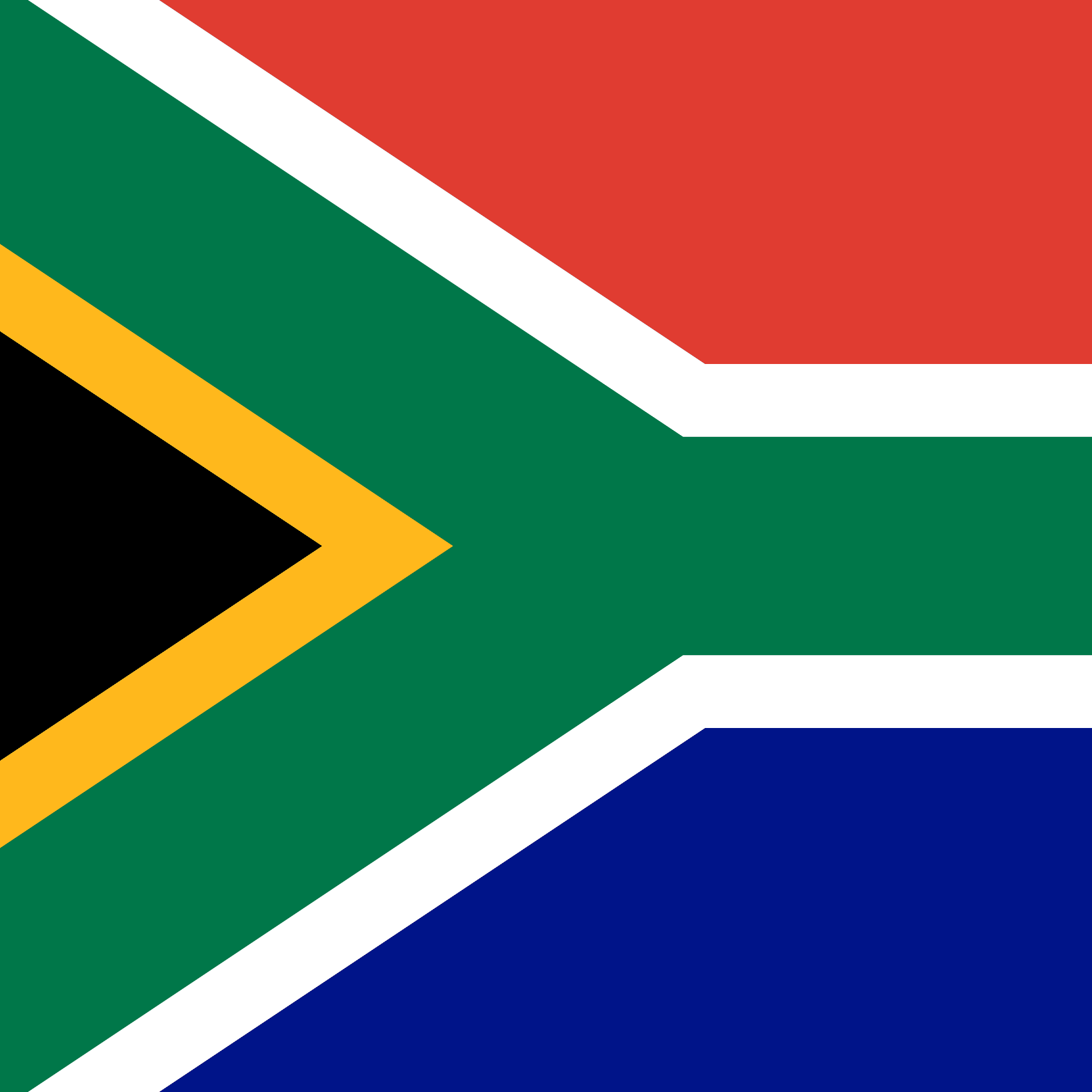 South African flag: red, white, green, blue, yellow, and black design with horizontal bands and a central Y shape.