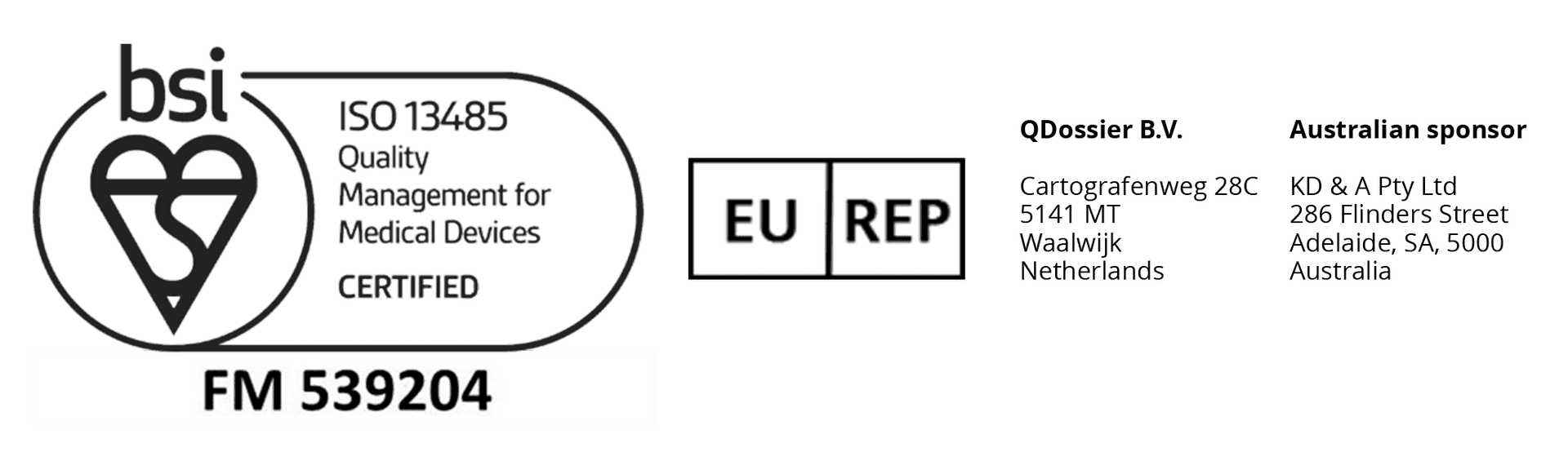 BSI ISO 13485 certification mark with EU REP and Australian sponsor details.