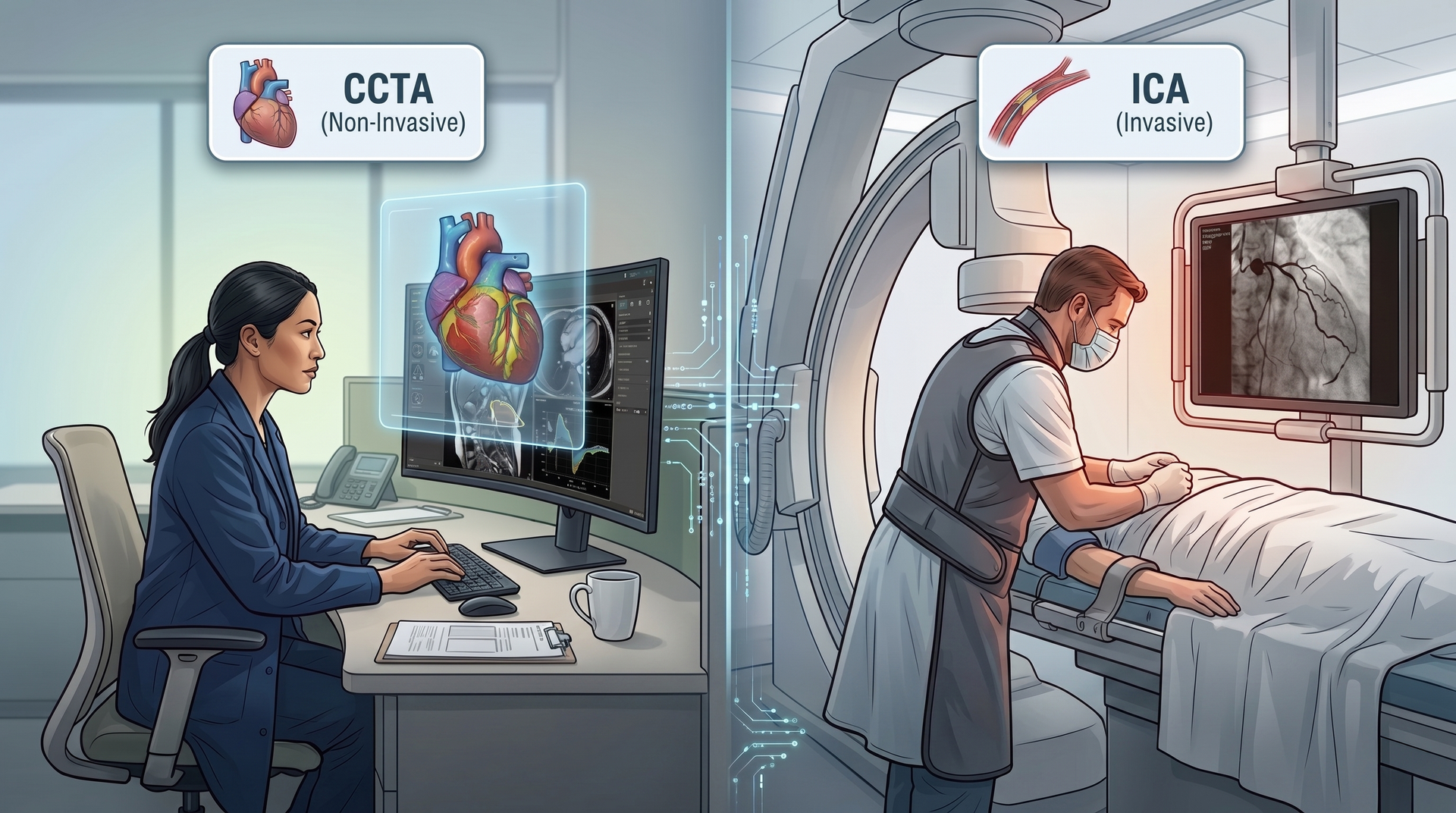 Comparison between CCTA, showing a person analyzing a 3D heart scan on a computer, and ICA, showing a medical procedure.