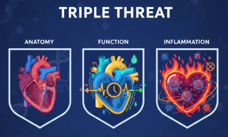 Triple threat: illustrations showing anatomical heart, heart with clock, and inflamed heart with viruses.