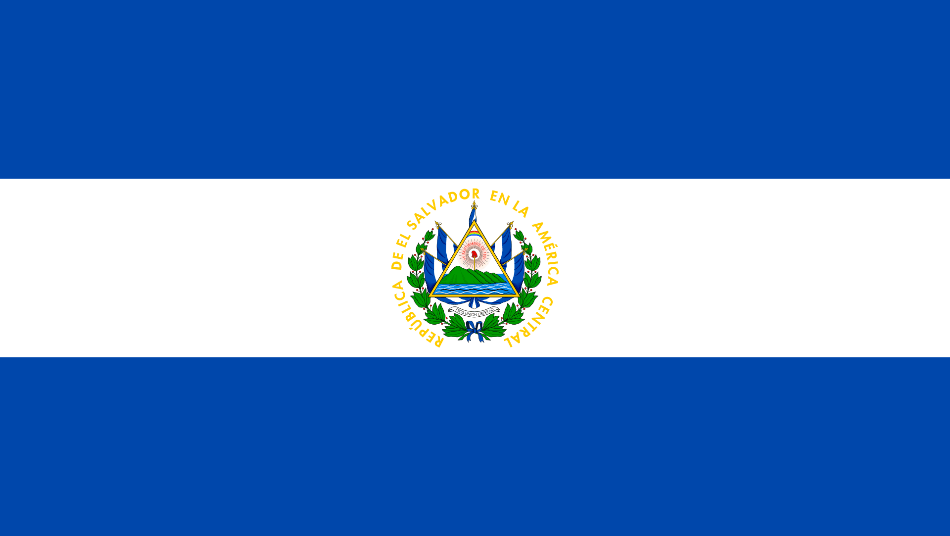 Flag of El Salvador, blue and white horizontal stripes, national emblem centered.
