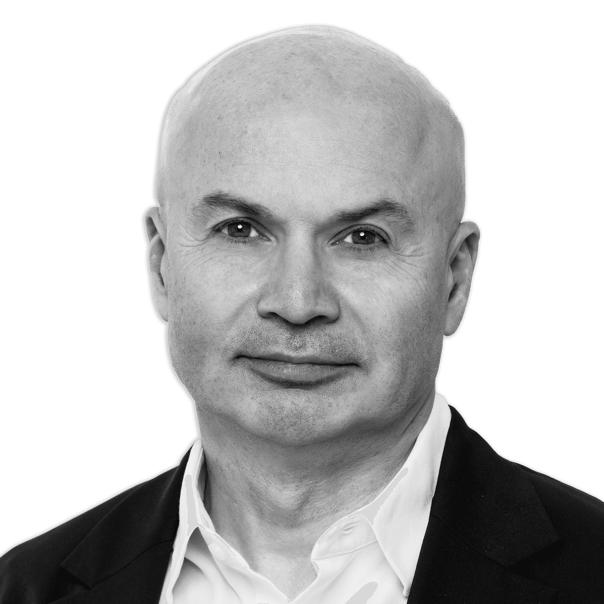 Bald man in a black jacket and white shirt, looking forward with a neutral expression.