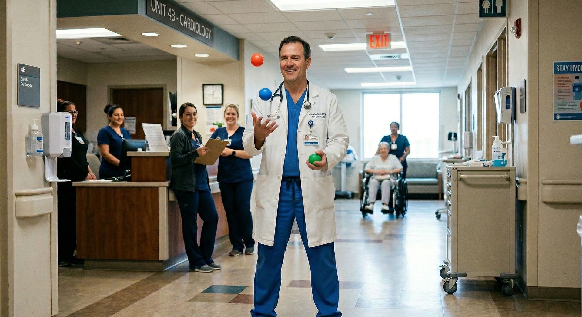 a doctor juggling on the hospital floor