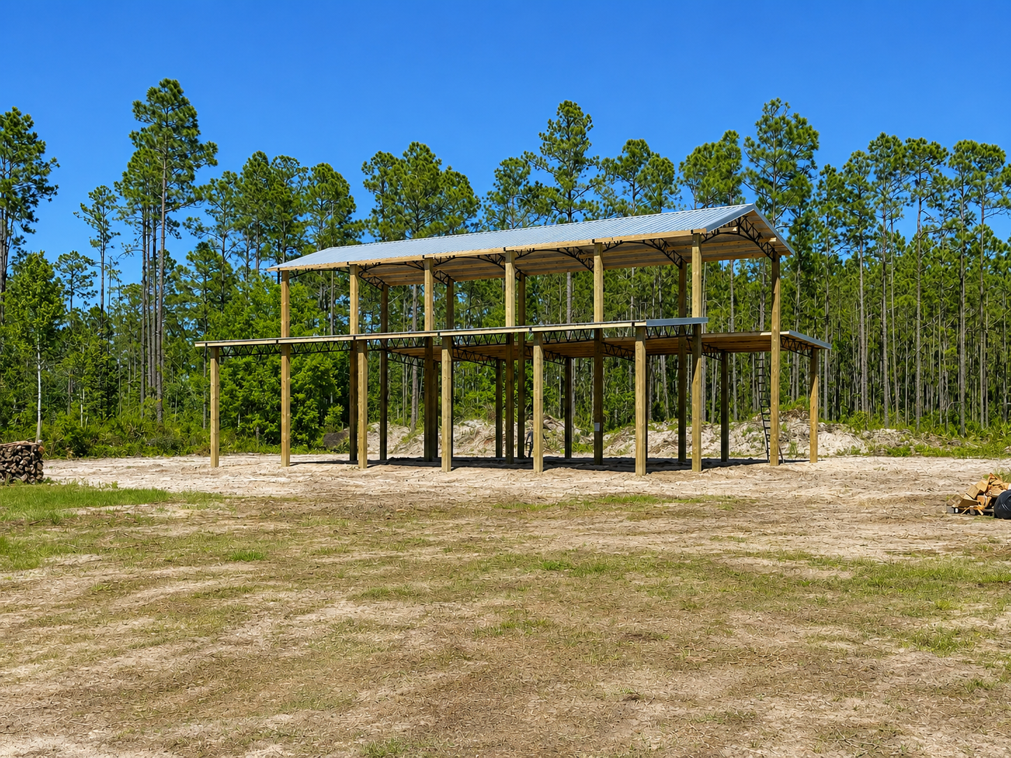 Large metal-roofed open-air structure with wood supports, logs in foreground, trees in the background.