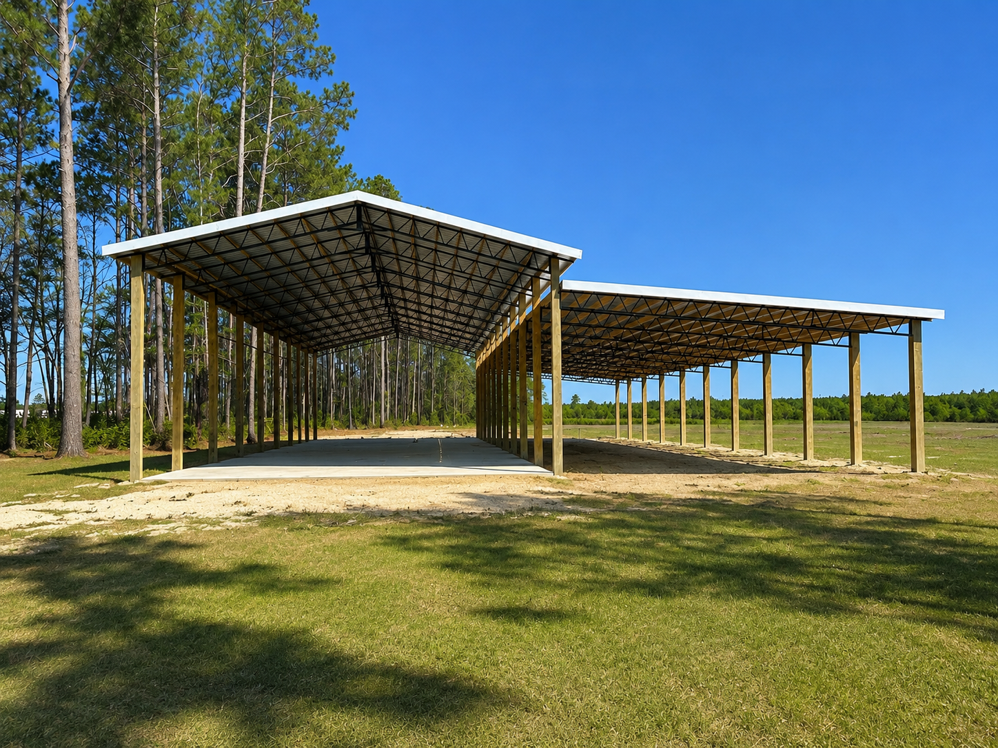 Open-air shelter with a metal roof, built on dirt. Wood posts support the roof. Green grass and trees are in the background.