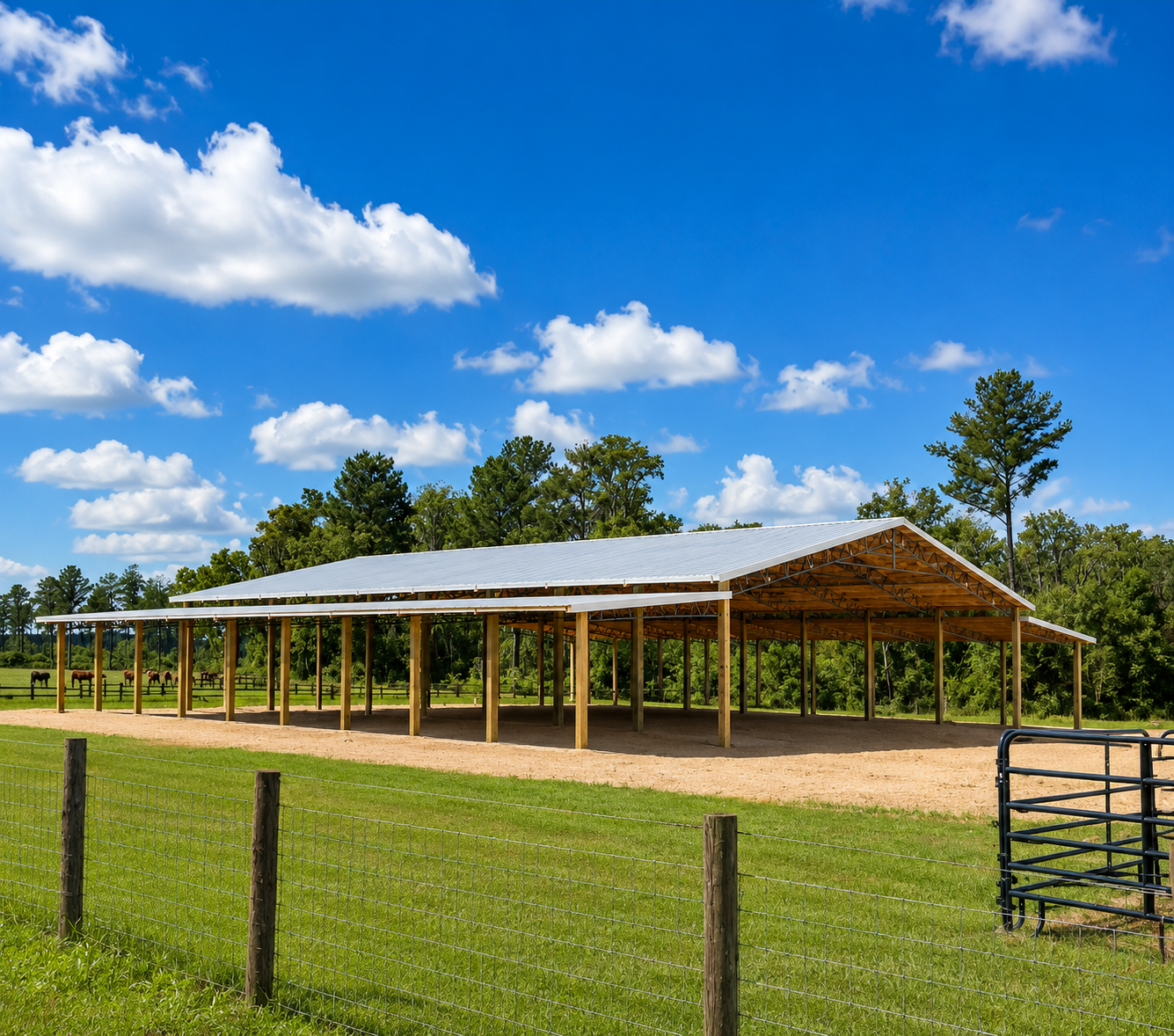 Carport with metal roof in a clearing, sunlight shining through trees in the background.
