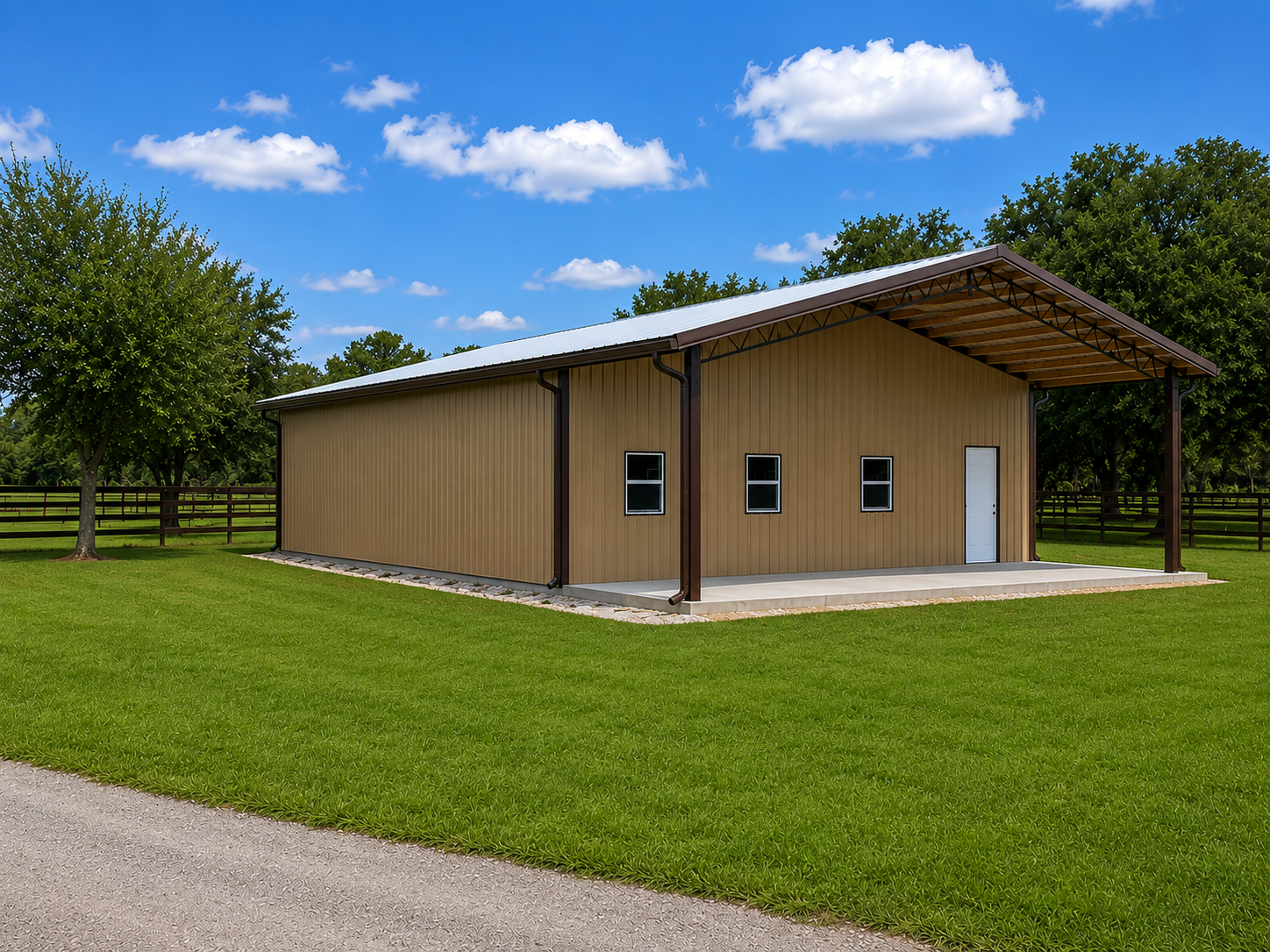 Open-air wooden carport with metal roof on a dirt lot, trees in background.