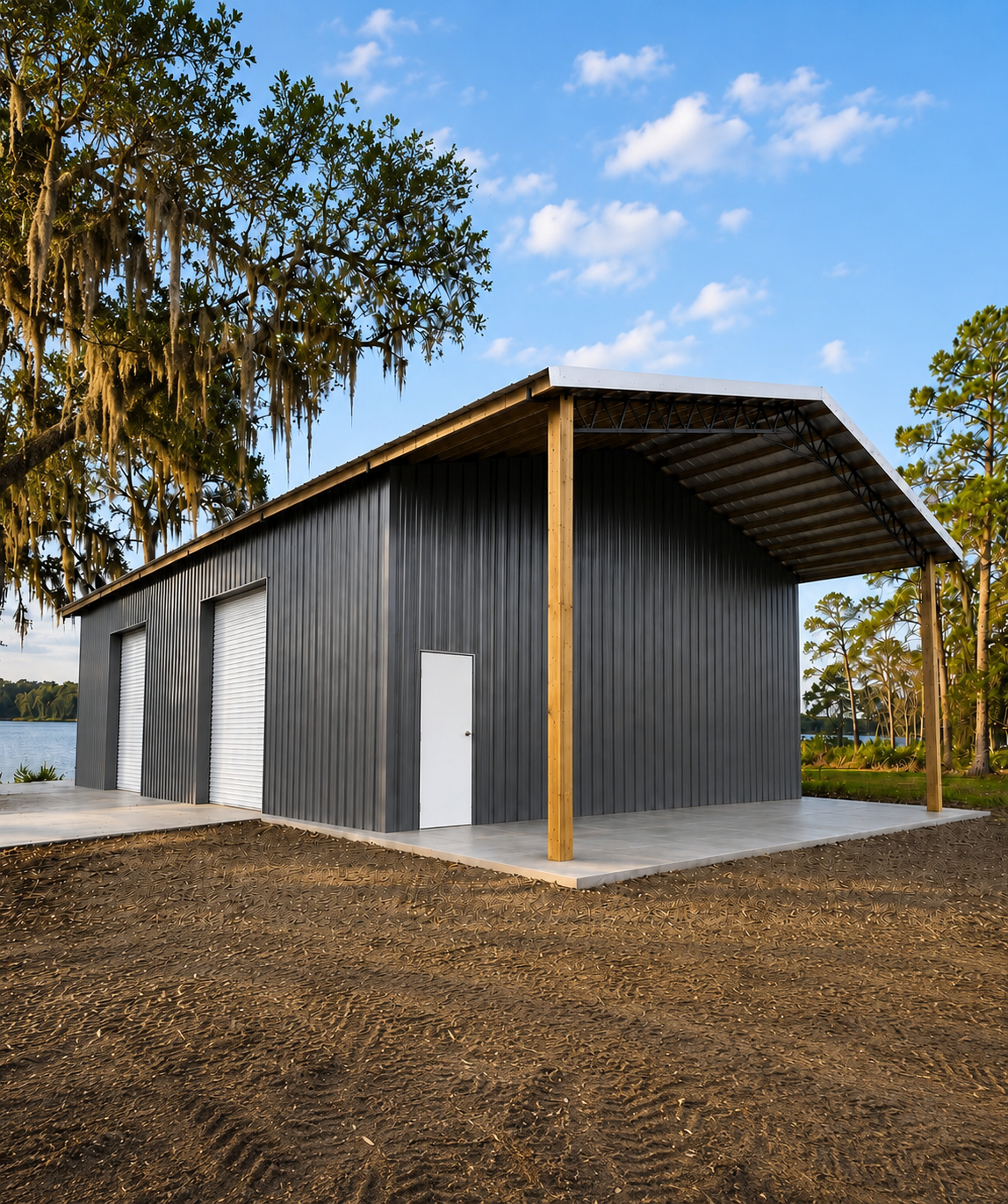 Metal carport with wooden posts, in a dirt yard.