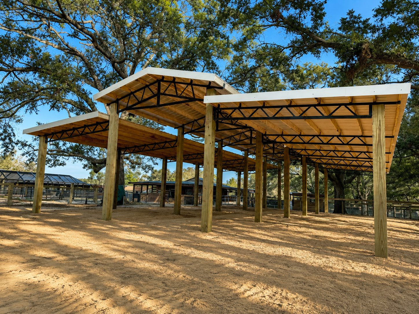 Carport with metal roof and wooden supports in a yard with trees.