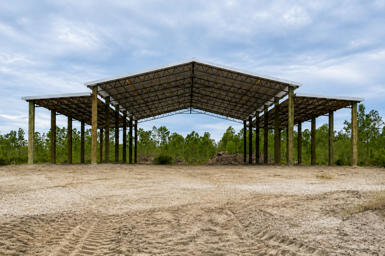 A newly built carport with a metal roof and wooden supports.