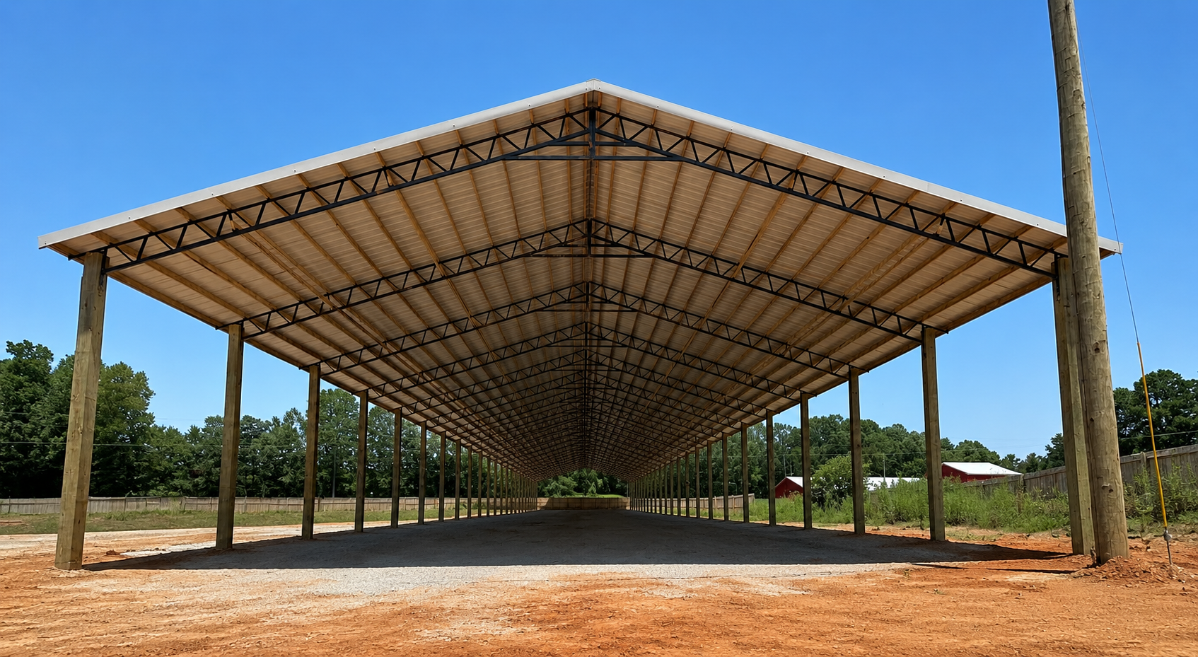 A large open-air metal shed with a dirt floor, supported by wooden posts, in a rural setting.