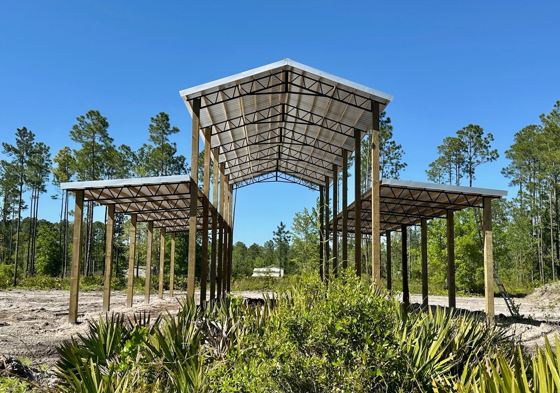 Wooden structure with angled roof in a clearing, surrounded by trees and vegetation under a blue sky.
