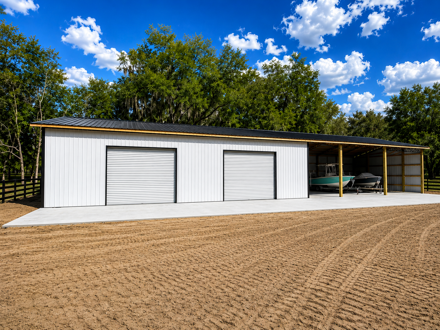 Open-air metal roof carport supported by wooden posts, situated outdoors on a dirt surface.
