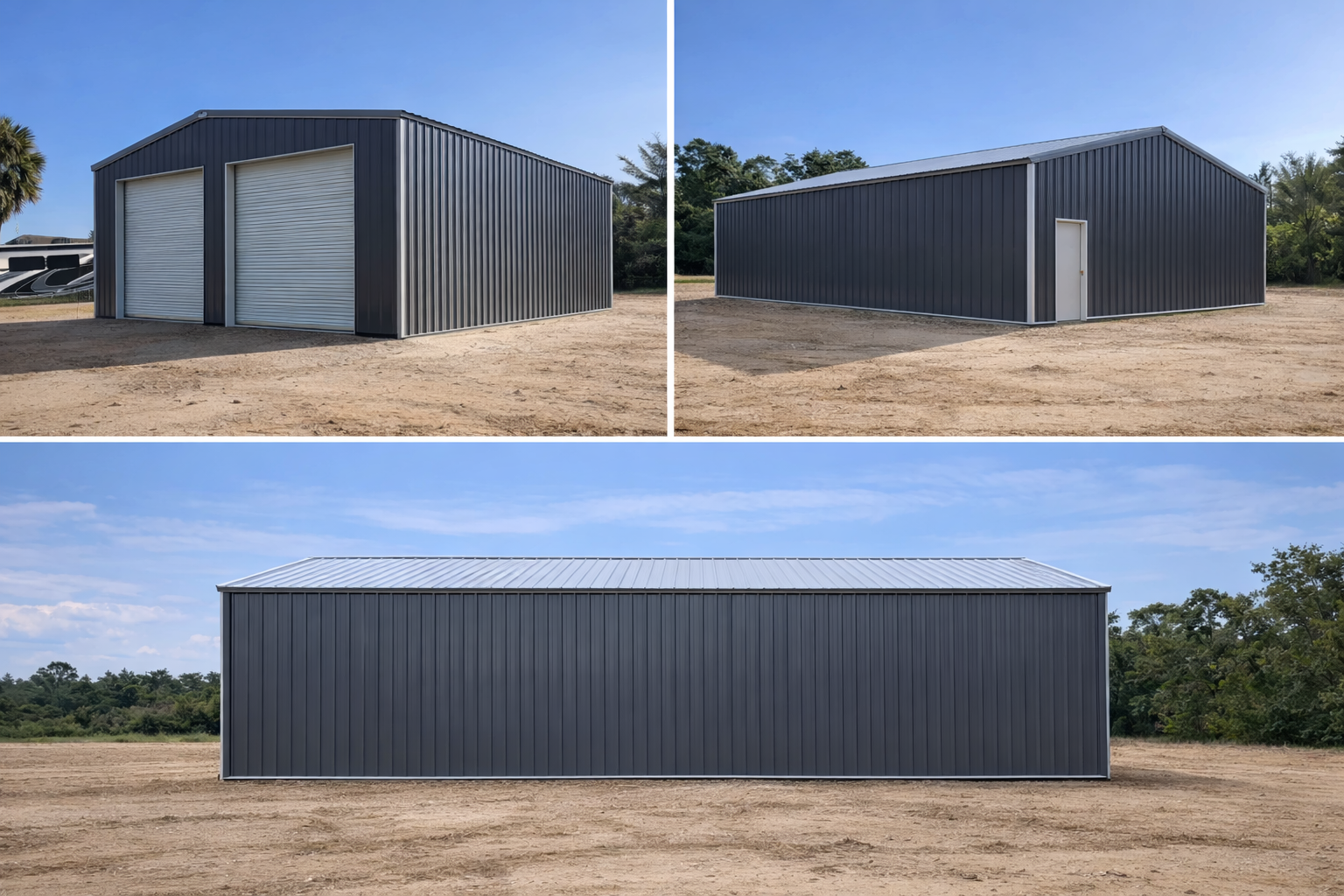 Large, open-sided barn with white roof and wooden supports in a grassy field under a cloudy sky.