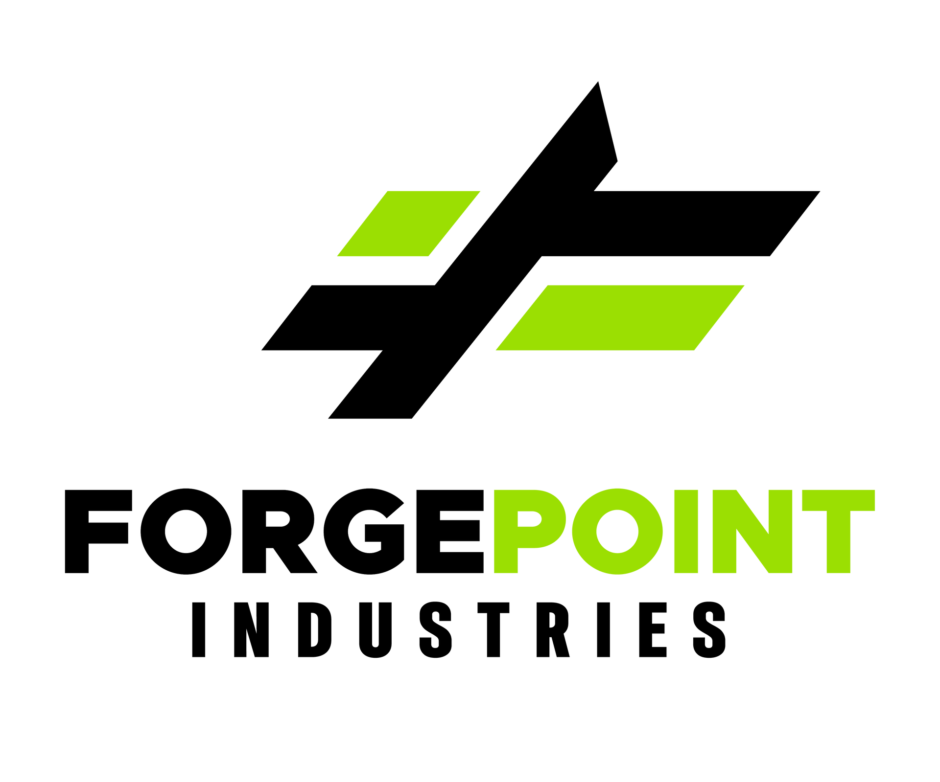 Logo for ForgePoint Industries. Black and green abstract geometric design above the company name.
