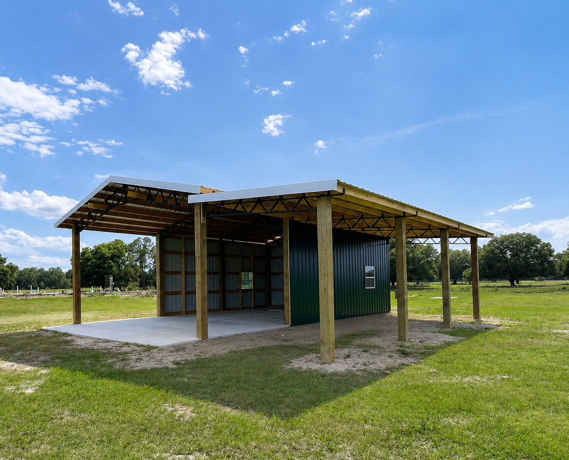 Steel frame of a large building under construction in a grassy field.