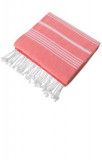 A pink towel with white stripes and fringe on a white background.